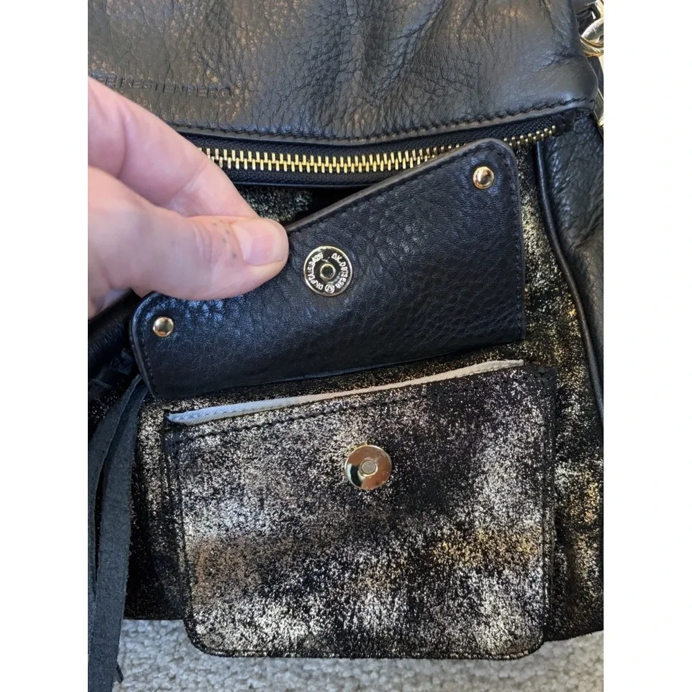 Aimee Kestenberg Soho Leather Foldover Satchel Purse Black Gold Distressed Suede